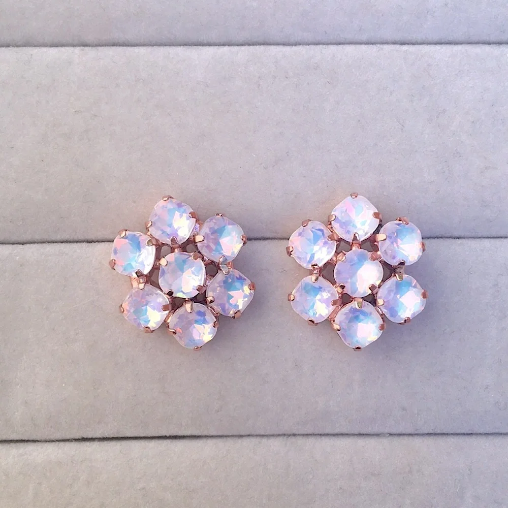 White Opal Aurora Borealis + Rose Gold Crystal Flower Earrings